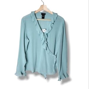 Color FX NWT Silk Wrap Blouse | Ruffled V-Neck | Dusty Aqua | L